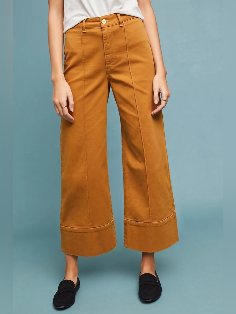 Anthropologie CHINO Pintucked Wide Leg Chino Trousers Honey Cropped Pants Size 6